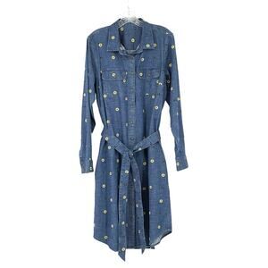 Denim Embroidered Floral Bees Button Up Midi Dress Belted Looks like Large Rare